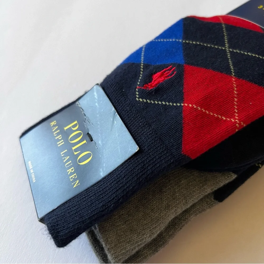 RALPH LAUREN POLO MENS 3 Pair COTTON BLEND SOCKS ARGYLE MIX BLUE RED GRAY OS NWT